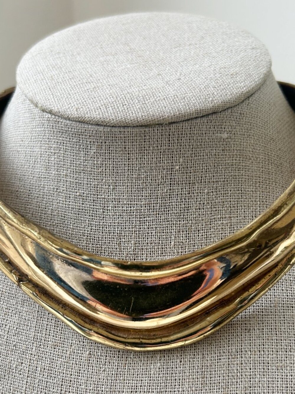 Vintage Gold Metal Choker Necklace Signed Allen Jacobsen Modernist Brutalist